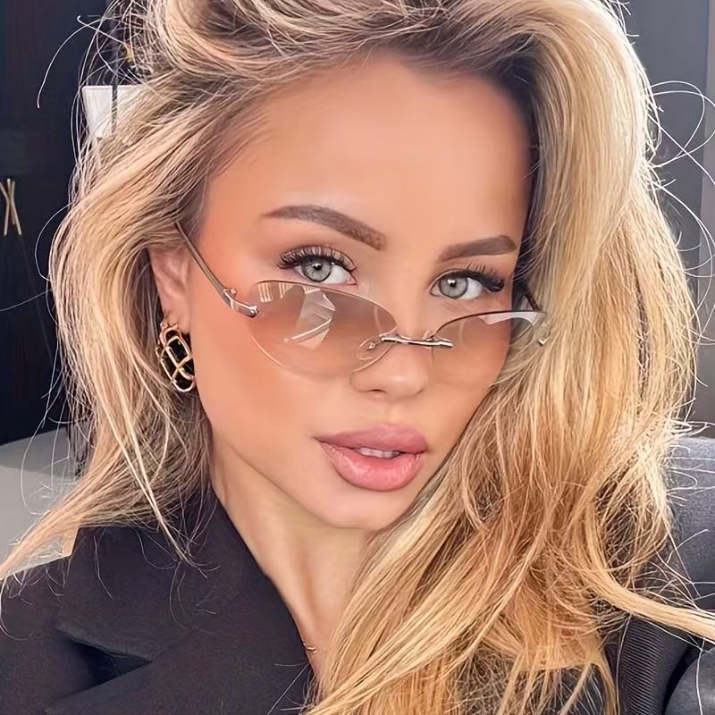 Rimless Oval Sunglasses Women  - Metal Photo Panel 评论和价格